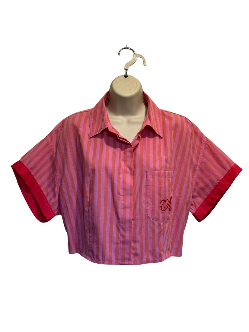 NWT Anthropologie Maeve Lina Striped Cropped Short Sleeve Shirt Pink Rose Sz L